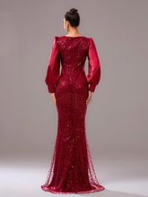 Red Panel Sequin Long Sleeve Mermaid Evening Dress